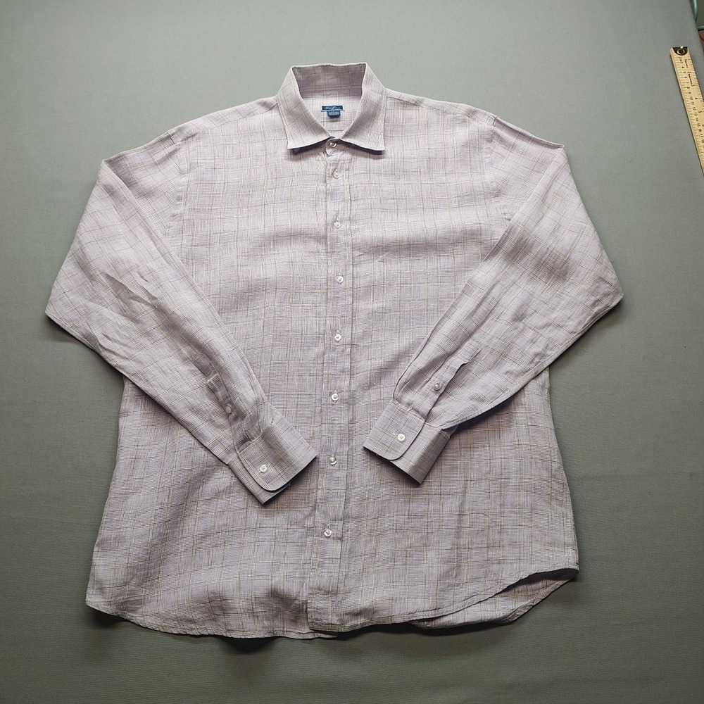 Tom James Men's Shirt 100% Linen Purple Plaid Casual Button Up Size Large
